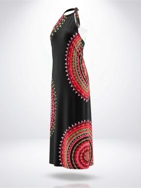 Navy Blue Halter Maxi Dress with Green & Pink Medallion Print